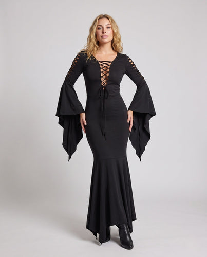Damen Elegantes Vampir-Kleid mit weitem Rock und dramatischen Ärmeln Shop Nory