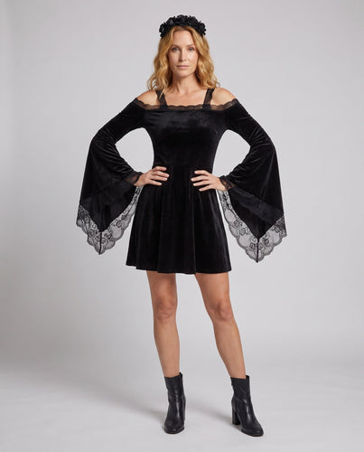 Damen Gothic-Kleid mit Spitzenärmeln und schwingendem Rock Shop Nory
