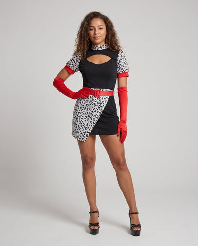 Damen Kostümkleid mit Leo-Muster und roten Akzenten Shop Nory