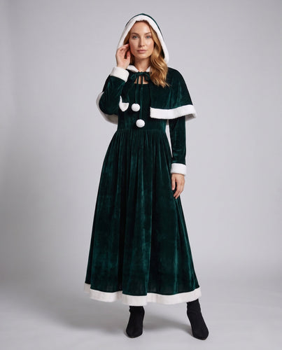 Damen Samt Weihnachtskleid mit Kapuze und eleganten Details Shop Nory