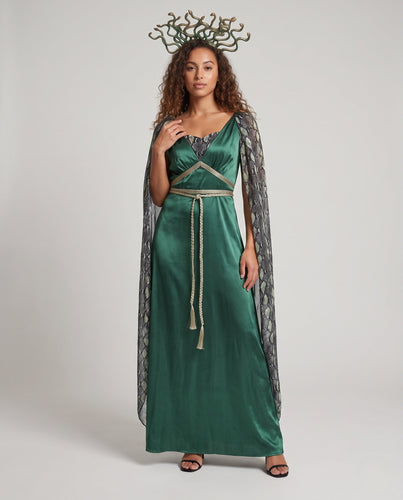 Damen Kostüm im Medusa-Stil mit schimmerndem Satin und transparenten Ärmeln Shop Nory