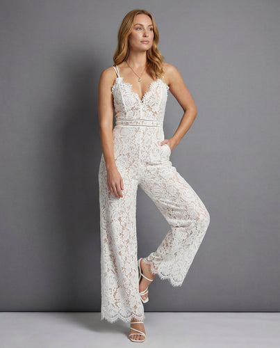 Damen Eleganter Spitzen-Jumpsuit mit tiefem V-Ausschnitt und weitem Bein