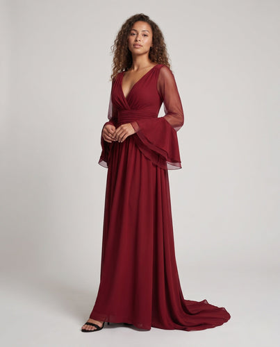 Damen Elegantes Maxikleid mit transparenten Ärmel und V-Ausschnitt Shop Nory