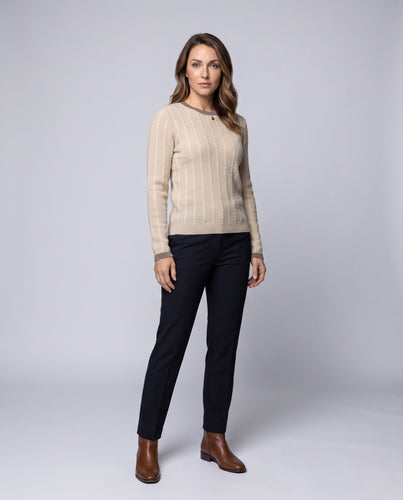 Damen Fluffy Mohair-Optik Kabelstrick Rundhals Pullover mit feiner Rippenstruktur Shop Nory
