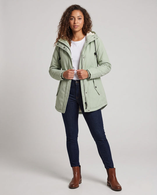 Damen Gefütterte Kapuzenparka mit Teddyfutter, Kordelzug und Pattentaschen Shop Nory