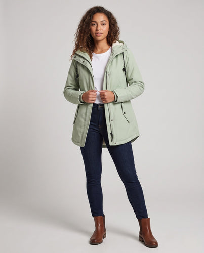Damen Gefütterte Kapuzenparka mit Teddyfutter, Kordelzug und Pattentaschen Shop Nory