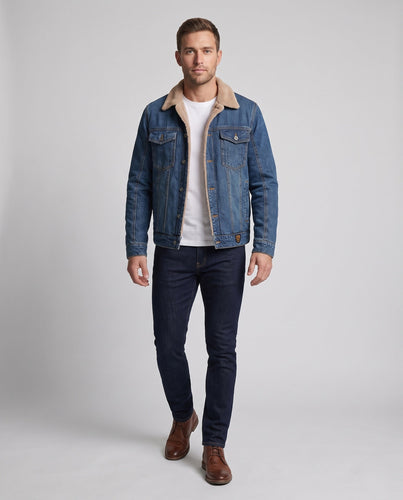 Herren Lässige Jeans-Workjacke mit wärmender Teddy-Innenseite und Hemdkragen Shop Nory