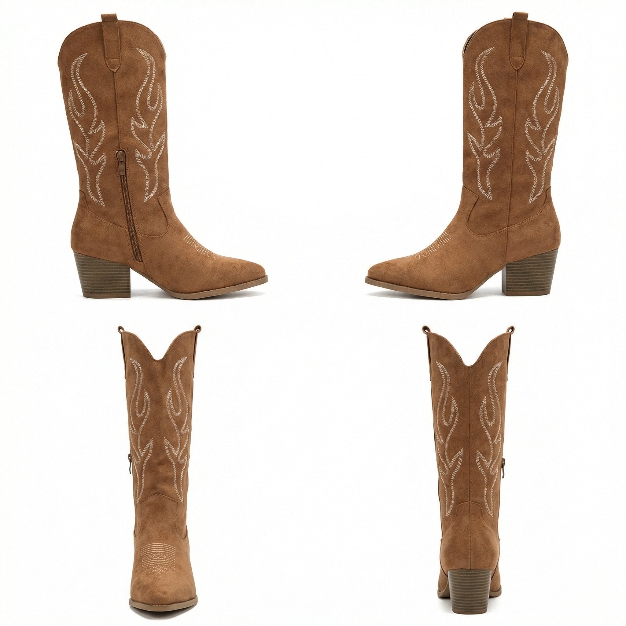 Cowboy Stiefel Retro Chunky Heel Spitzstiefel mit Stylischem Seitenreißverschluss