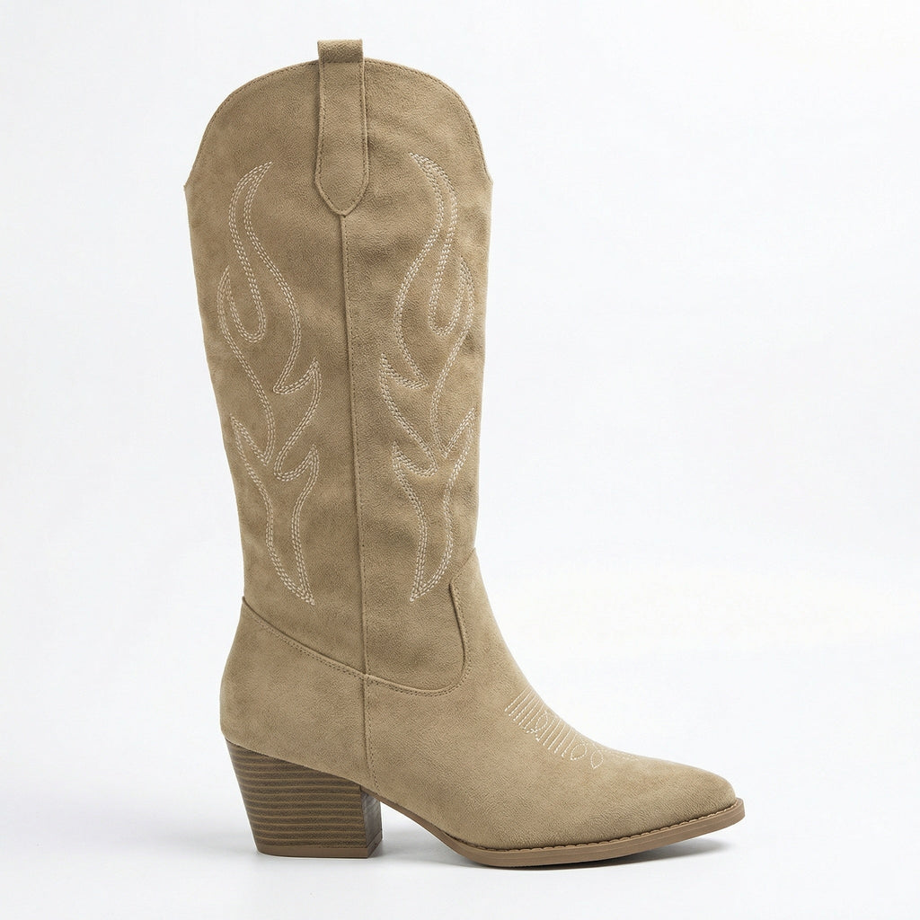 Cowboy Stiefel Retro Chunky Heel Spitzstiefel mit Stylischem Seitenreißverschluss