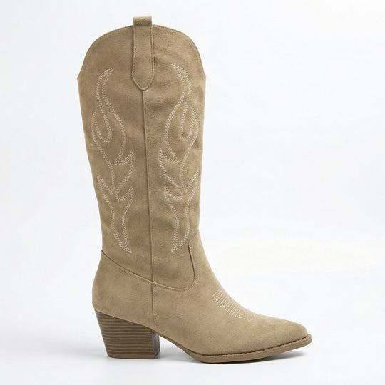 Cowboy Stiefel Retro Chunky Heel Spitzstiefel mit Stylischem Seitenreißverschluss