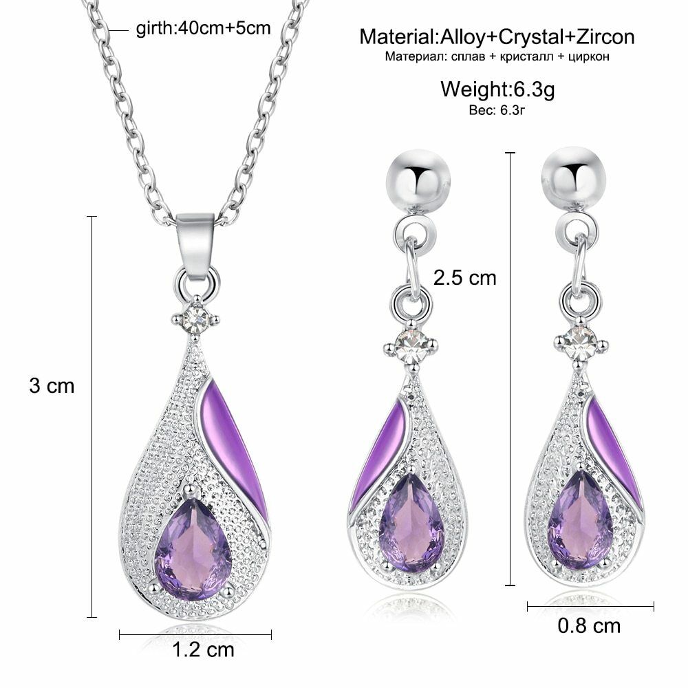 Lila Wassertropfen Kristall Silber Ohrringe & Halskette Set | Shop Nory