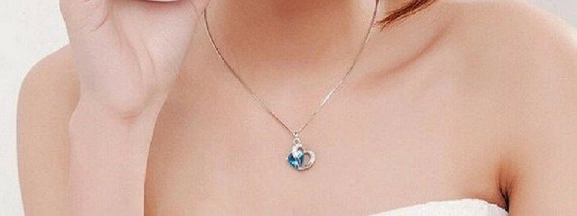Damen Herzförmiger Blauer Kristall Strass Anhänger Silber Halskette | Shop Nory