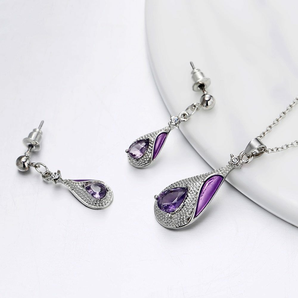 Lila Wassertropfen Kristall Silber Ohrringe & Halskette Set | Shop Nory