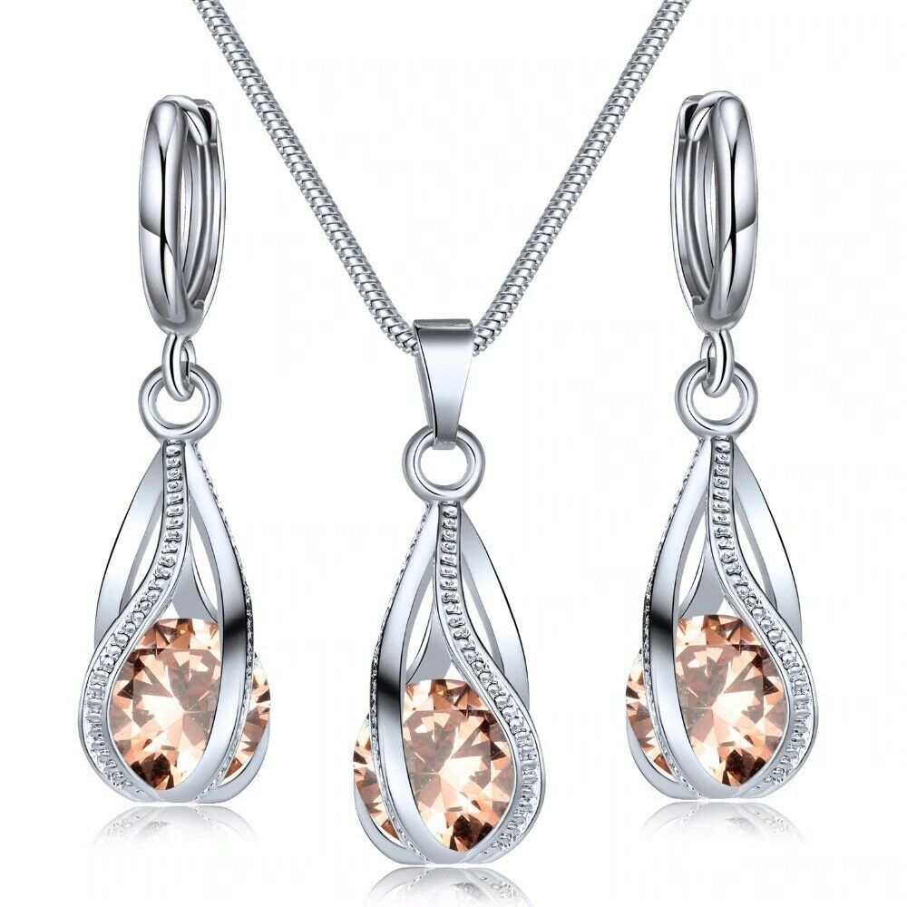 Silber Twirl Ball Wasser Tropfen Kristall Ohrringe & Halskette Set | Shop Nory