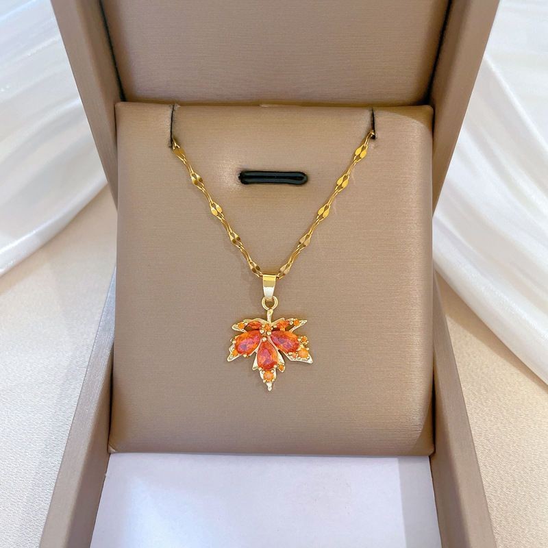 Damen Goldplattiertes Orange Kristall Blatt Anhänger Schlüsselbein Verbindungs Ketten Halskette | Shop Nory