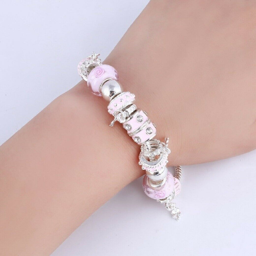 Silber & Rosa Charms Perlen Kristall Pandora Stil Armbänder | Shop Nory