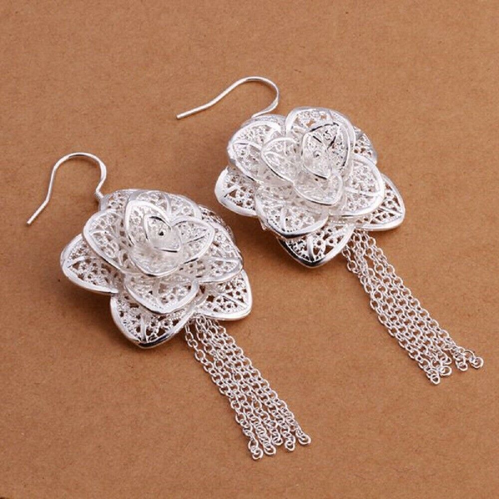 Silberne Fashion Kette Blumen Quaste Haken Ohrringe | Shop Nory