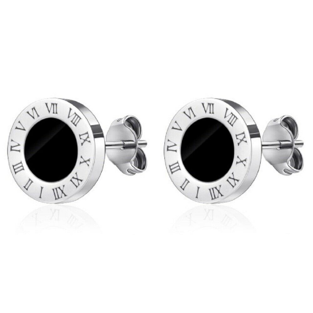 Unisex Runde Schwarze Zentrum Titan Edelstahl Römische Ziffern Stud Ohrringe | Shop Nory