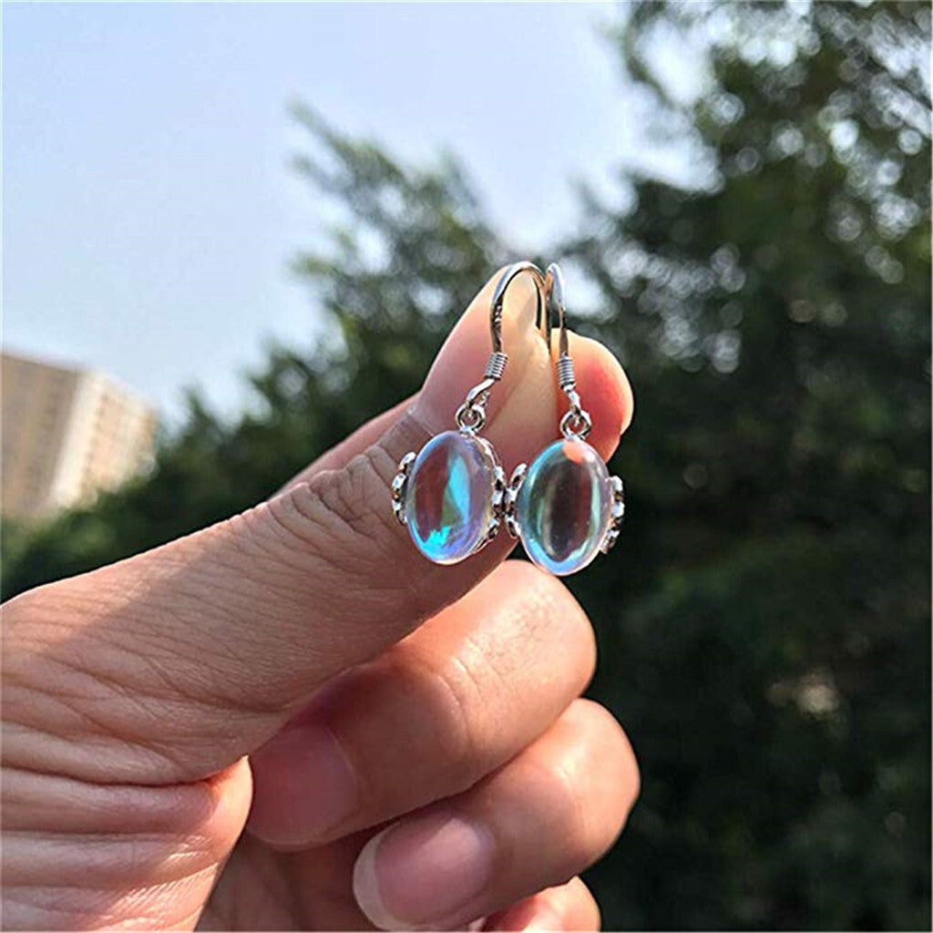 Damen Silber Oval Mondstein Transparent Perlen Silber Ausschnitt Haken Ohrringe | Shop Nory
