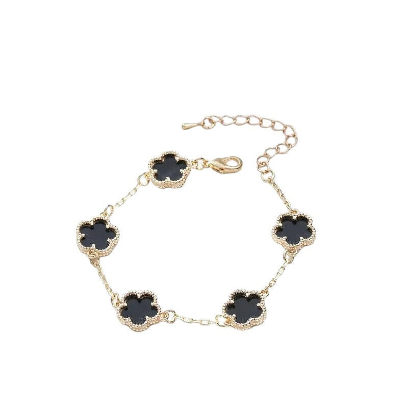 Damen Gold Schwarz Vierblättriger Kleeblatt Kristall Link Ketten Armbänder | Shop Nory