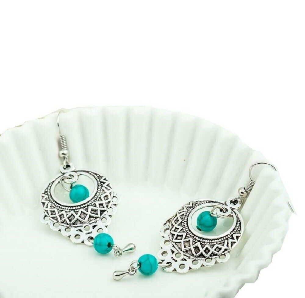 Damen Boho Ethnisch Tibetisch Sterlingsilber Türkisperlen Lange Hakenohrringe | Shop Nory