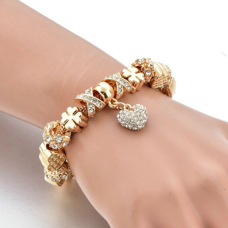 Gold Herz Liebe Charm & Sterne Kristalle Seil Kette Pandora Armband | Shop Nory