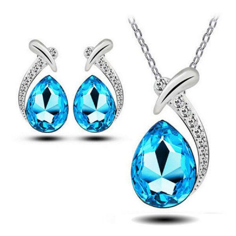 Silberne Halskette mit Kristallanhänger & Wassertropfenohrringe | Shop Nory