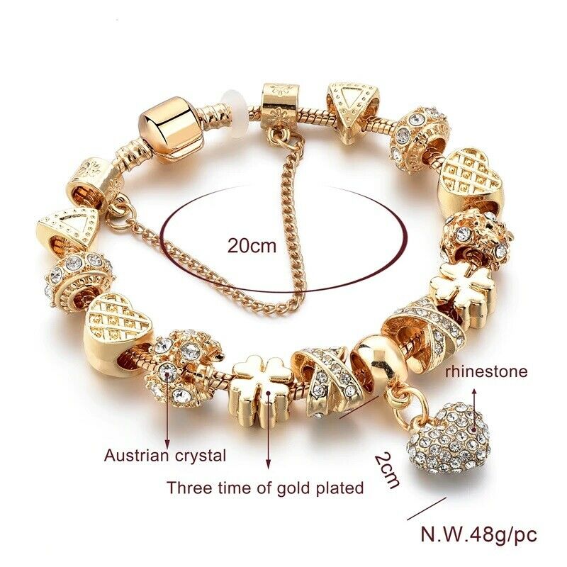 Gold Herz Liebe Charm & Sterne Kristalle Seil Kette Pandora Armband | Shop Nory