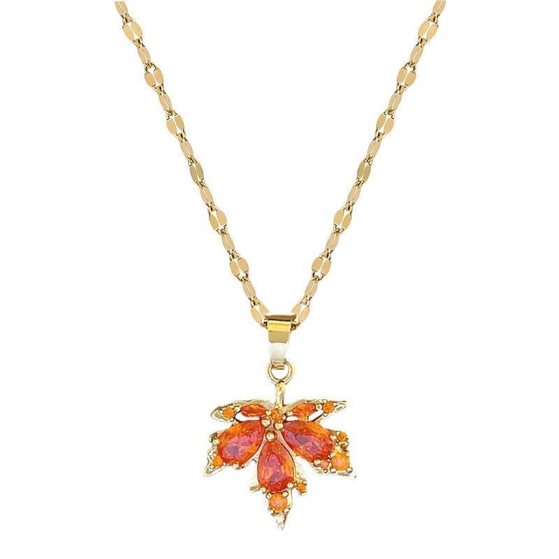Damen Goldplattiertes Orange Kristall Blatt Anhänger Schlüsselbein Verbindungs Ketten Halskette | Shop Nory