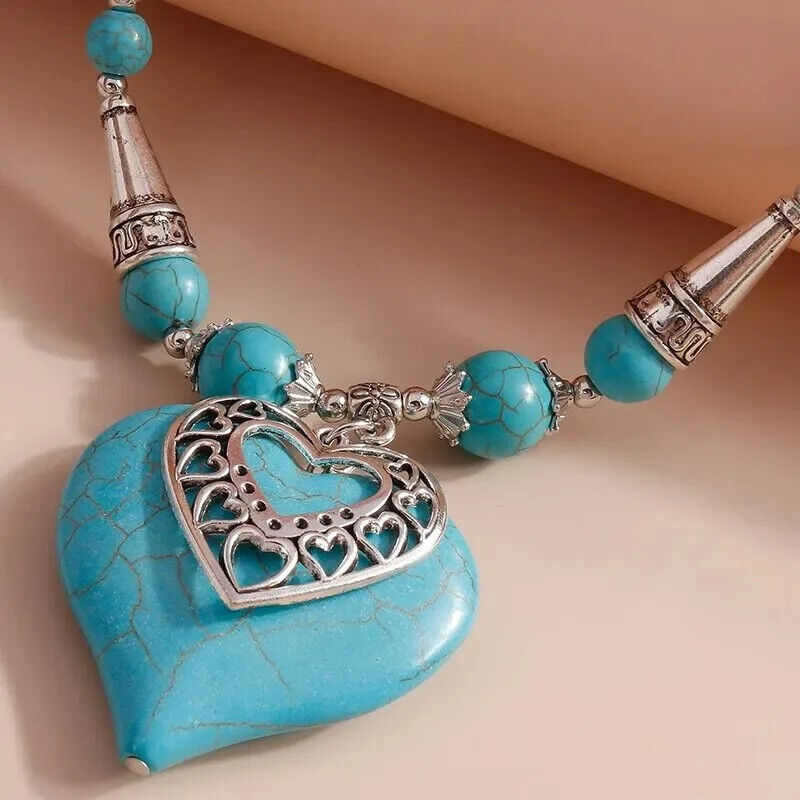 Damen Silber Türkis Perlen Herz Anhänger Wassertropfen Ethno Bohemian Halskette | Shop Nory