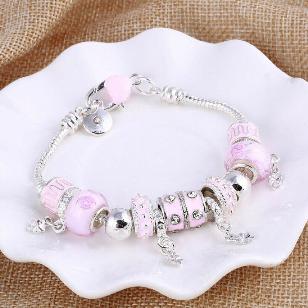Silber & Rosa Charms Perlen Kristall Pandora Stil Armbänder | Shop Nory