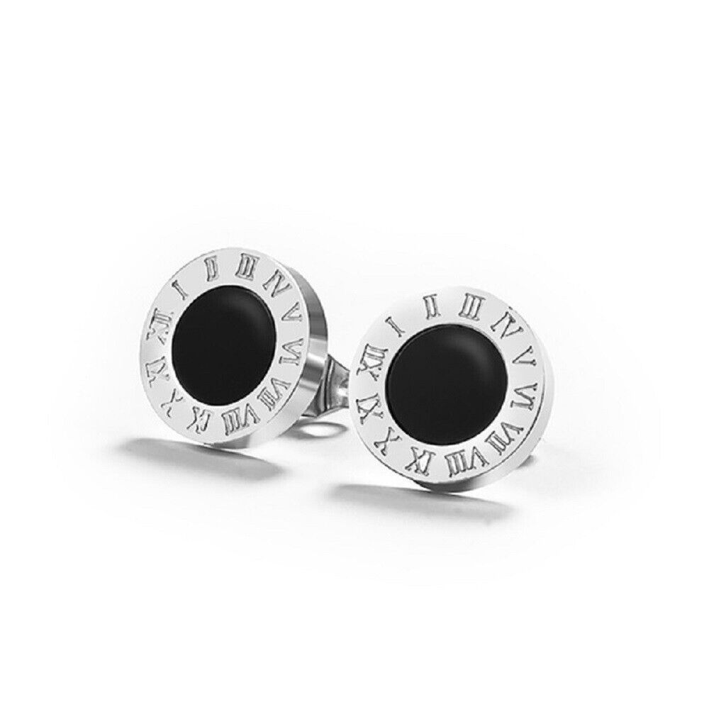 Unisex Runde Schwarze Zentrum Titan Edelstahl Römische Ziffern Stud Ohrringe | Shop Nory