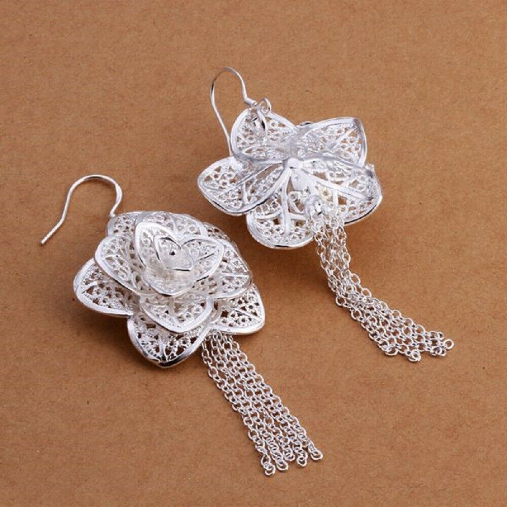 Silberne Fashion Kette Blumen Quaste Haken Ohrringe | Shop Nory