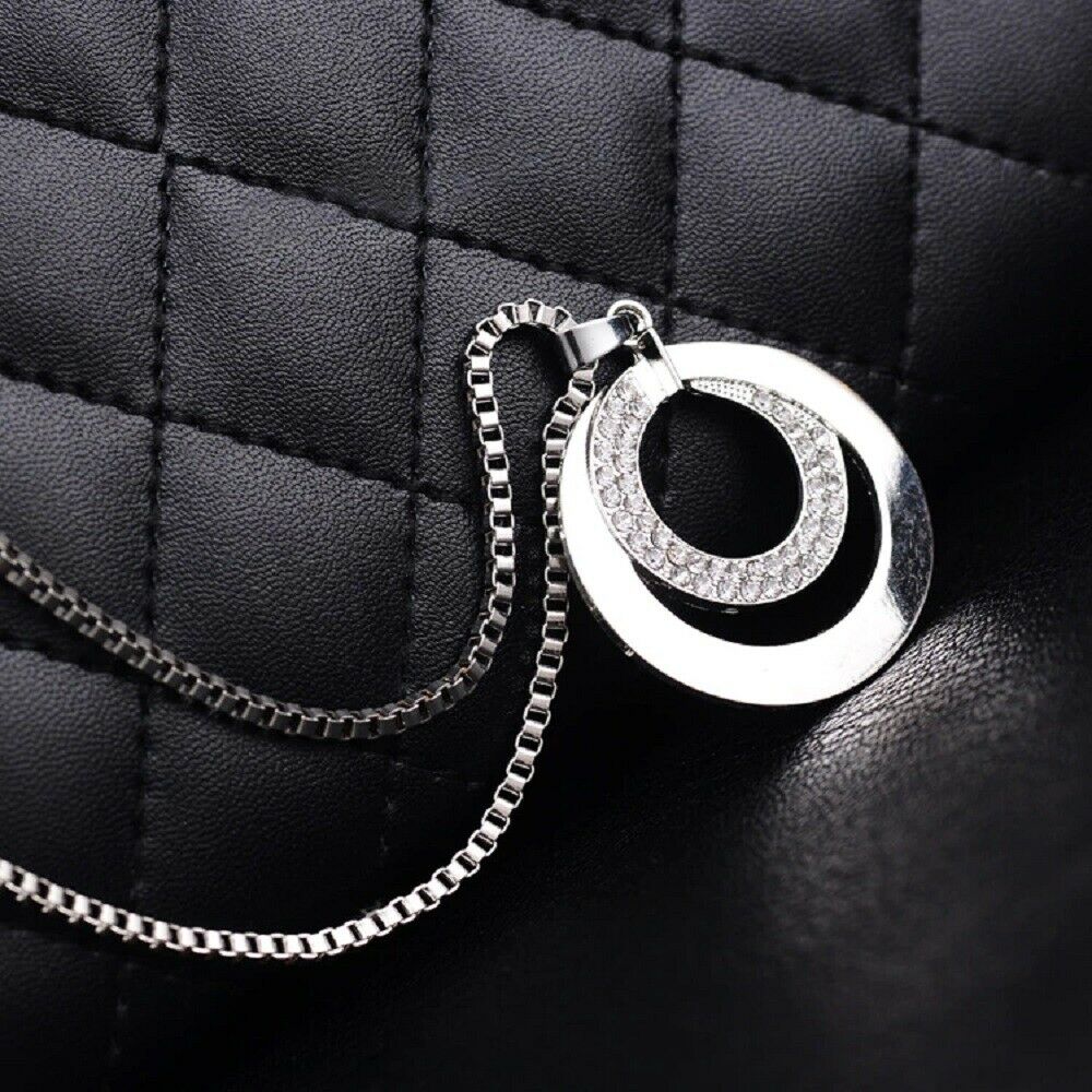 Damen Silbern Kristall Rhinestone Lange Kette & Doppelter Kreis Anhänger | Shop Nory
