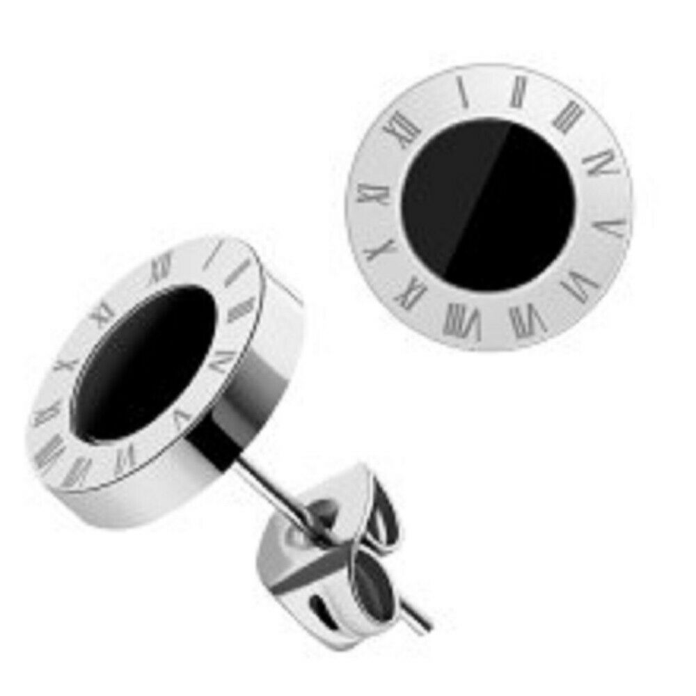 Unisex Runde Schwarze Zentrum Titan Edelstahl Römische Ziffern Stud Ohrringe | Shop Nory