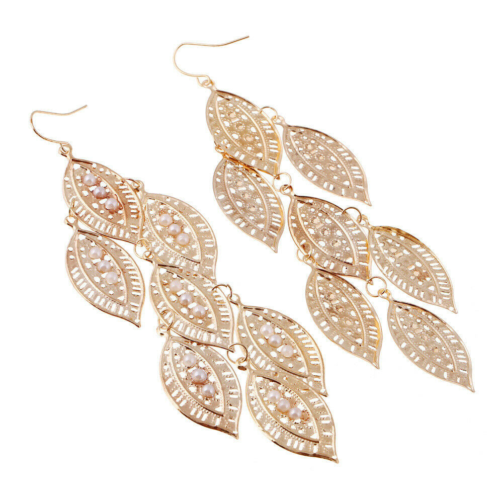 Goldbeschichtete lange Blatt-Ausschnitt hängende Hakenohrringe | Shop Nory