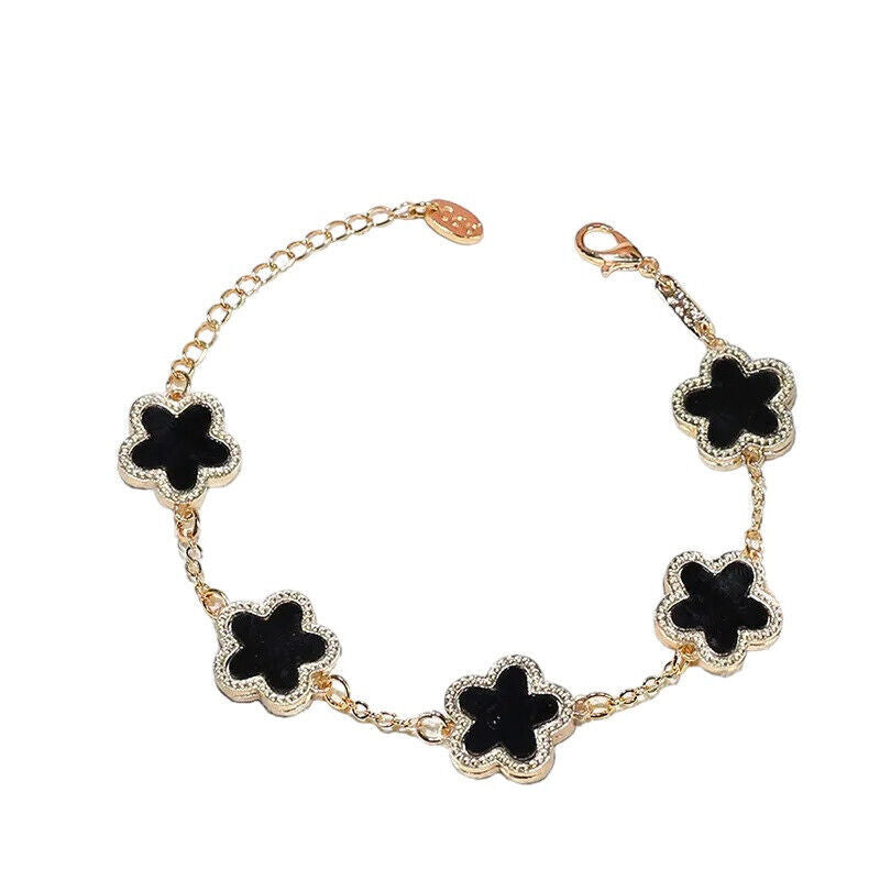 Damen Gold Schwarz Vierblättriger Kleeblatt Kristall Link Ketten Armbänder | Shop Nory