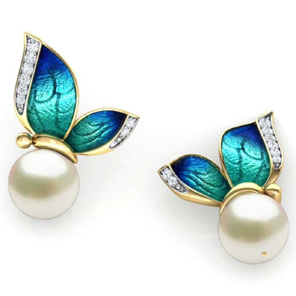Damen Grün Blau Emaille Schmetterling Weiße Perlen Kristall Trim Stecker Ohrringe | Shop Nory