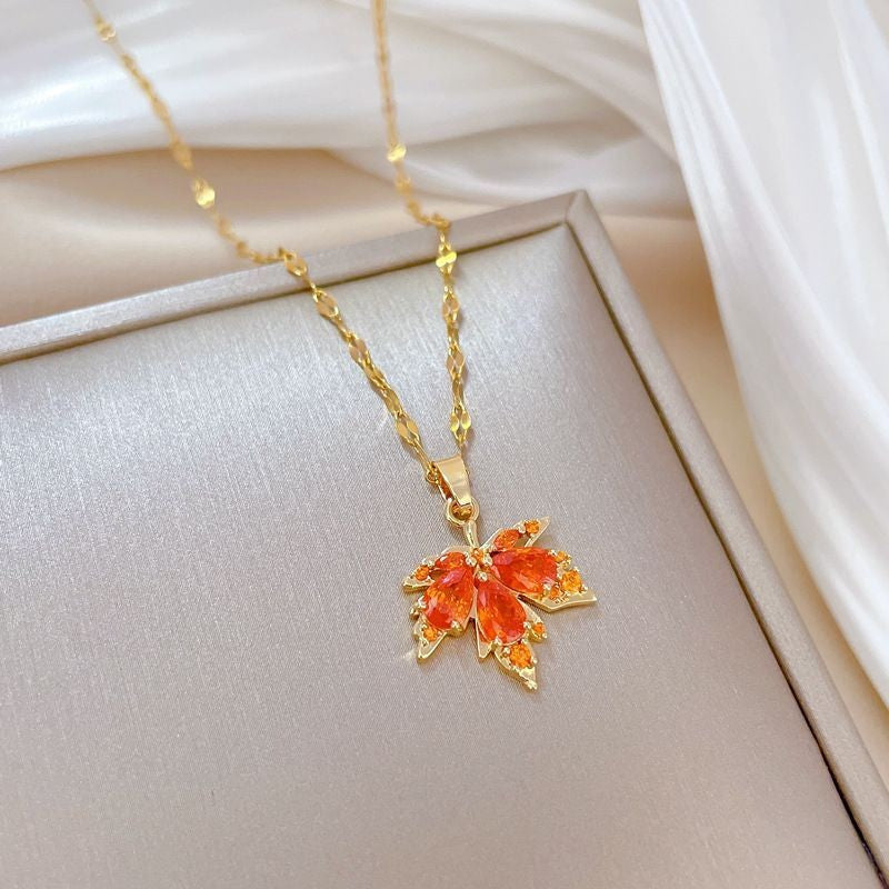 Damen Goldplattiertes Orange Kristall Blatt Anhänger Schlüsselbein Verbindungs Ketten Halskette | Shop Nory