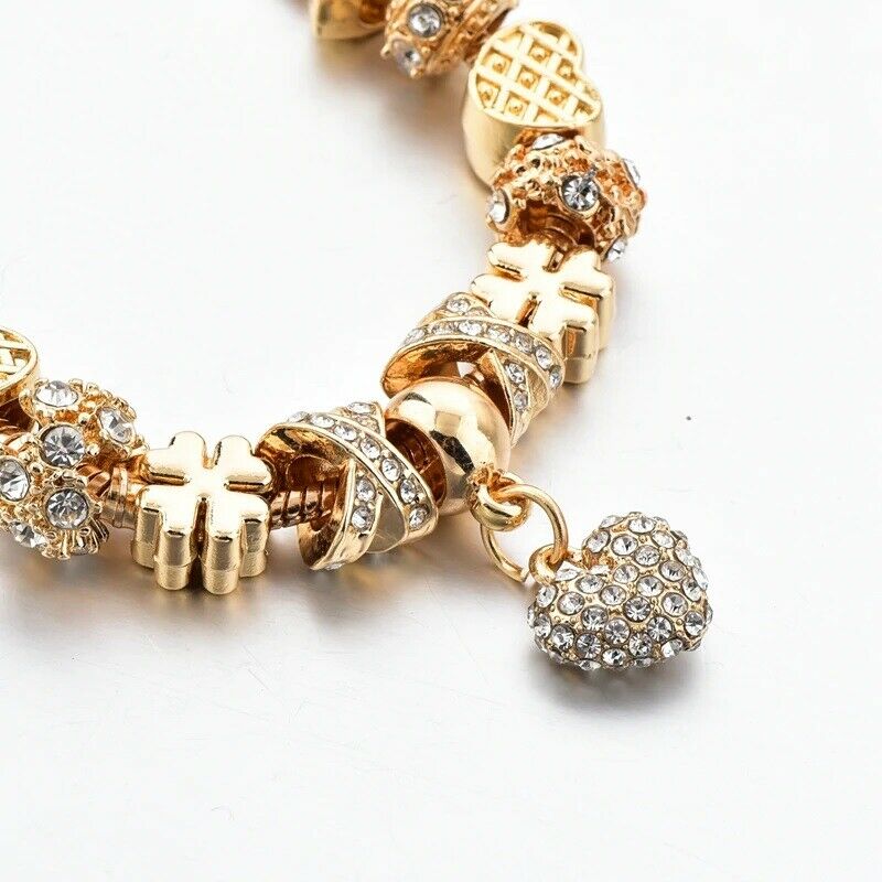 Gold Herz Liebe Charm & Sterne Kristalle Seil Kette Pandora Armband | Shop Nory