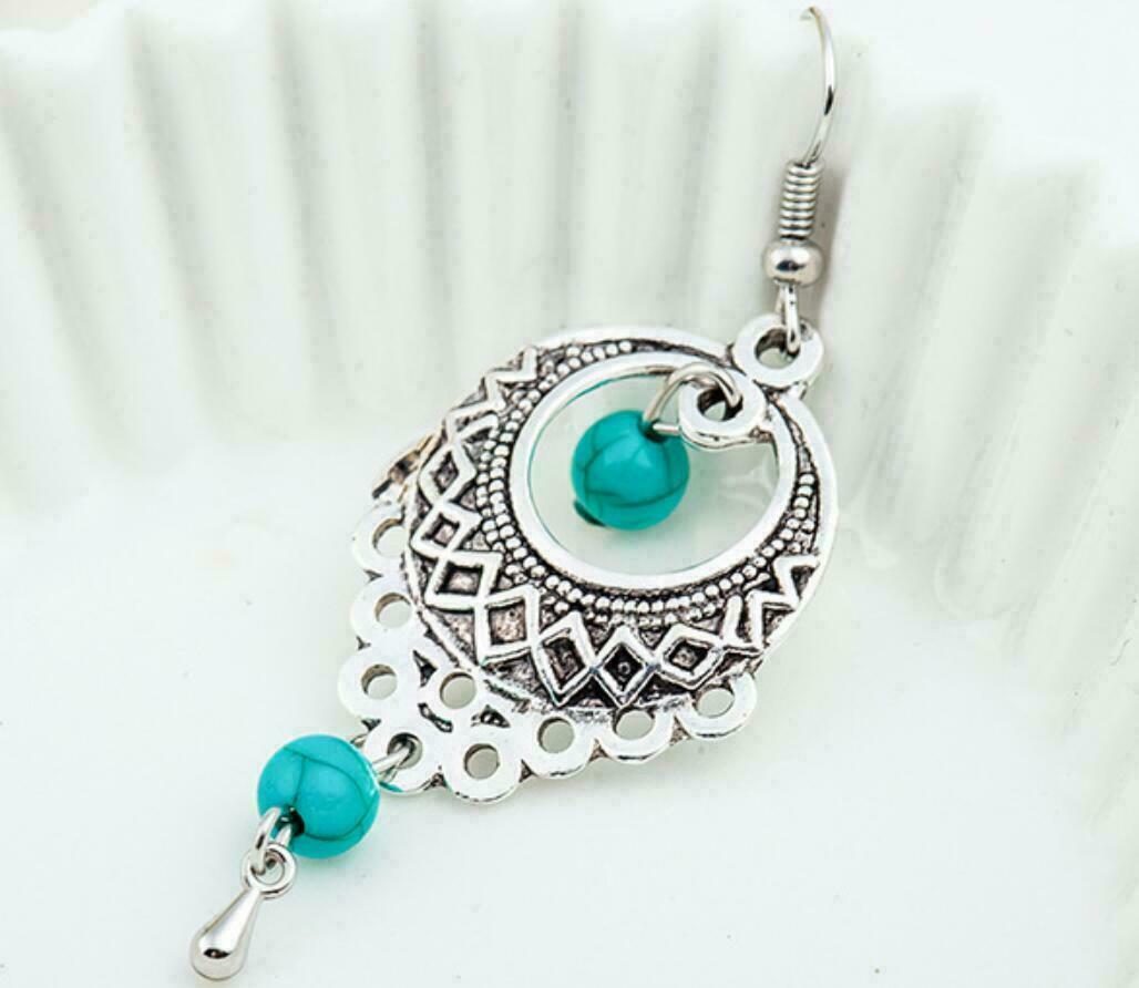Damen Boho Ethnisch Tibetisch Sterlingsilber Türkisperlen Lange Hakenohrringe | Shop Nory