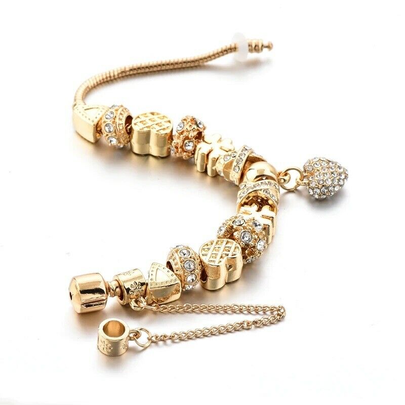 Gold Herz Liebe Charm & Sterne Kristalle Seil Kette Pandora Armband | Shop Nory