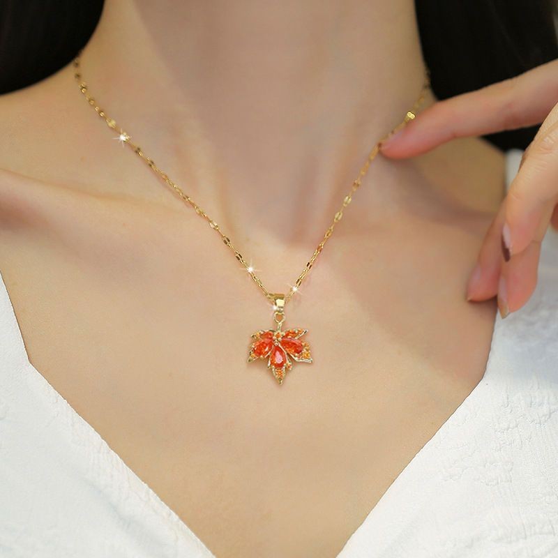 Damen Goldplattiertes Orange Kristall Blatt Anhänger Schlüsselbein Verbindungs Ketten Halskette | Shop Nory