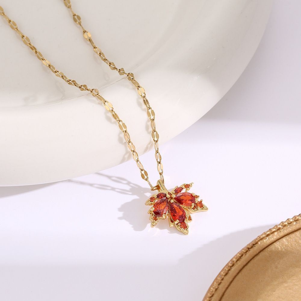 Damen Goldplattiertes Orange Kristall Blatt Anhänger Schlüsselbein Verbindungs Ketten Halskette | Shop Nory