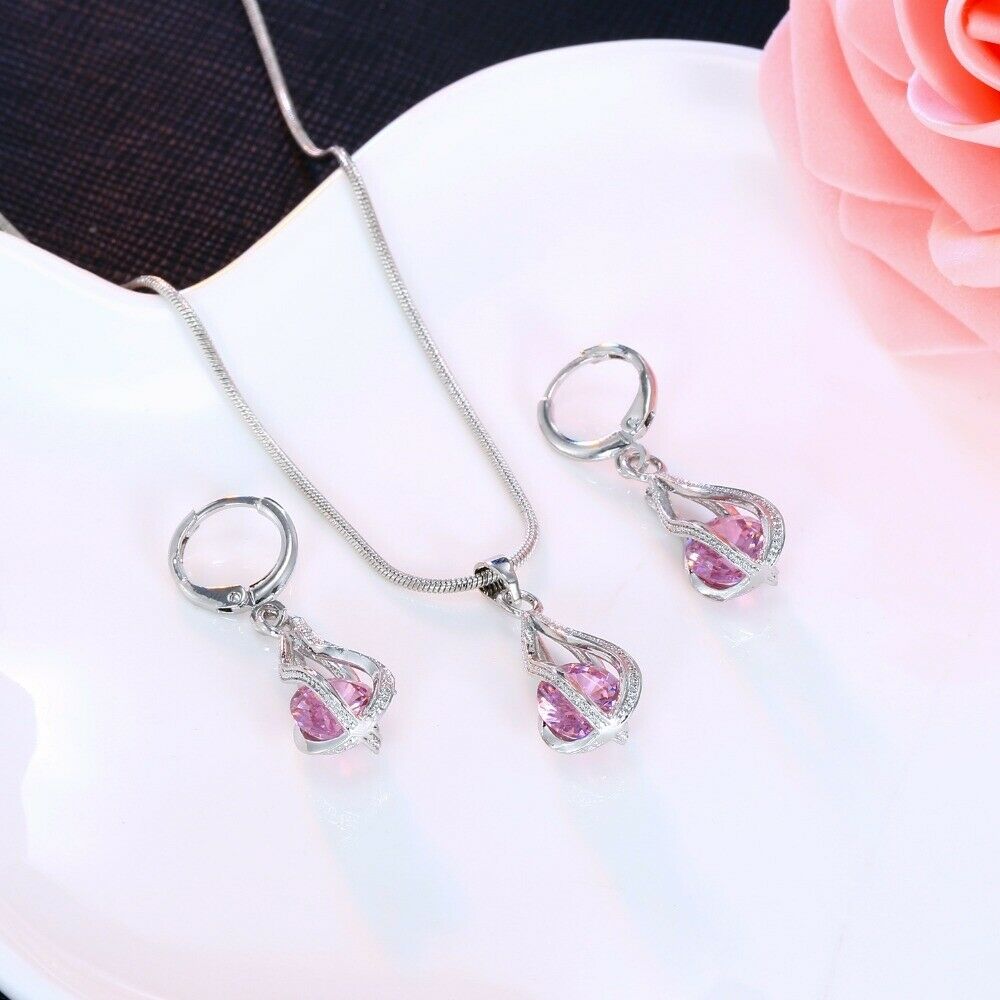 Silber Twirl Ball Wasser Tropfen Kristall Ohrringe & Halskette Set | Shop Nory