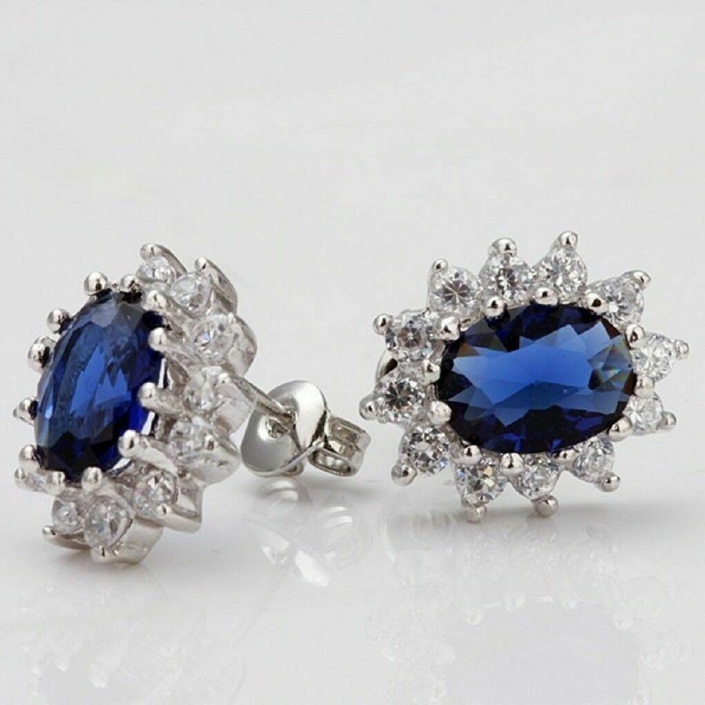 Blauer Saphir & Weißer Kristallstein Sterling Silber Halsketten-Set | Shop Nory