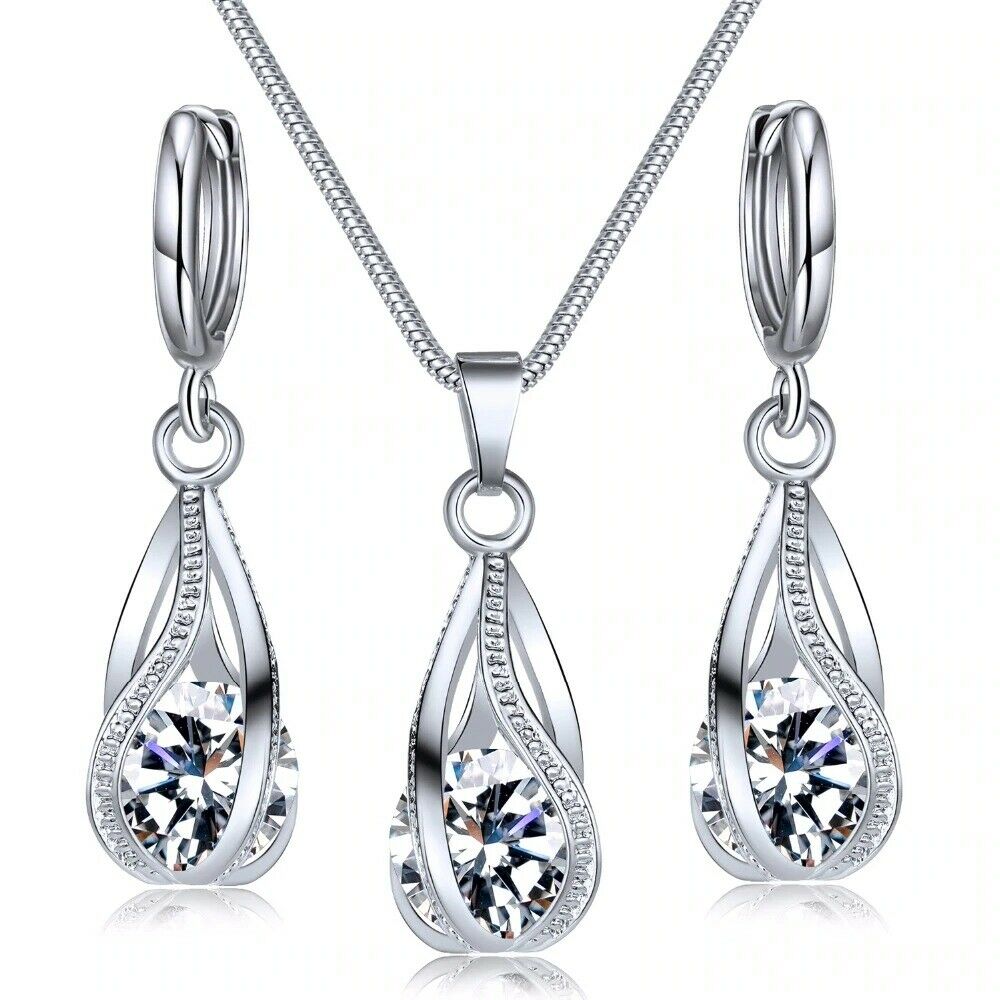 Silber Twirl Ball Wasser Tropfen Kristall Ohrringe & Halskette Set | Shop Nory
