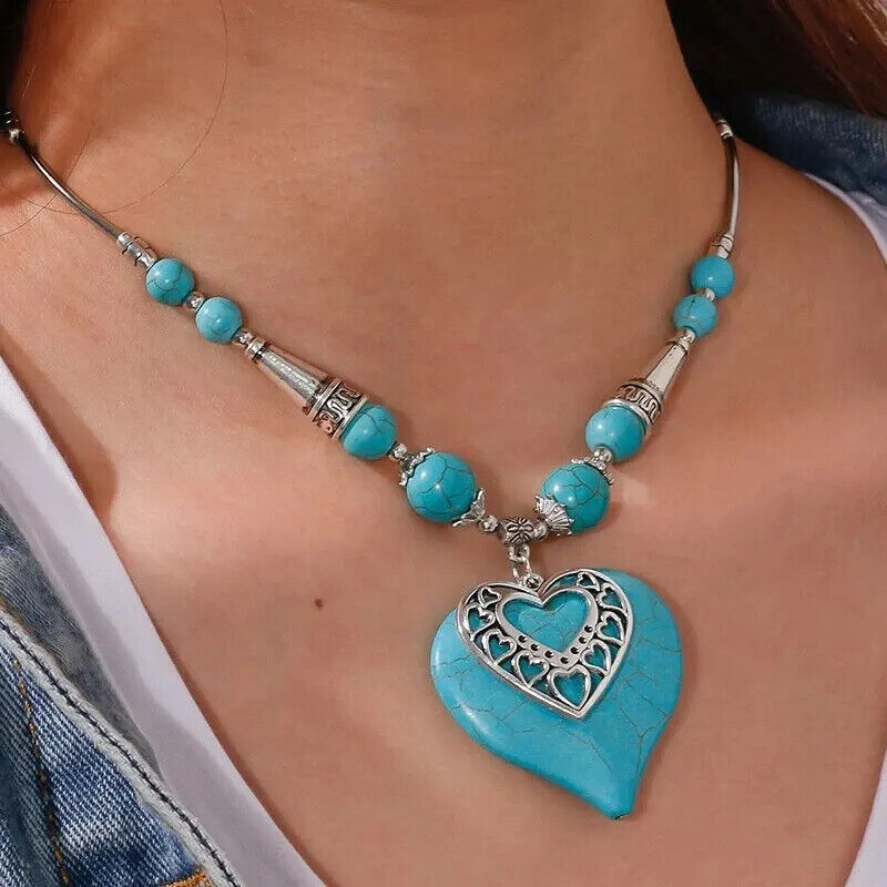 Damen Silber Türkis Perlen Herz Anhänger Wassertropfen Ethno Bohemian Halskette | Shop Nory