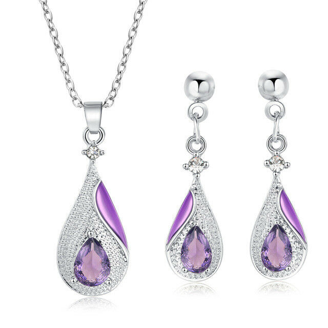 Lila Wassertropfen Kristall Silber Ohrringe & Halskette Set | Shop Nory