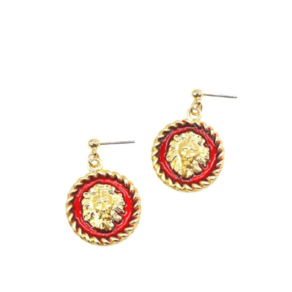 Retro Löwenkopf Runde Medusa Medaille Rote Emaille Anhängerohrringe | Shop Nory